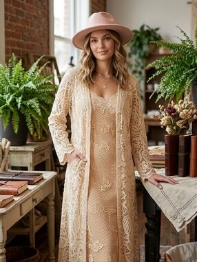 Martin McCrea Vintage Boho Lace 2pc Cream Crochet Duster & Slip Dress Med RARE